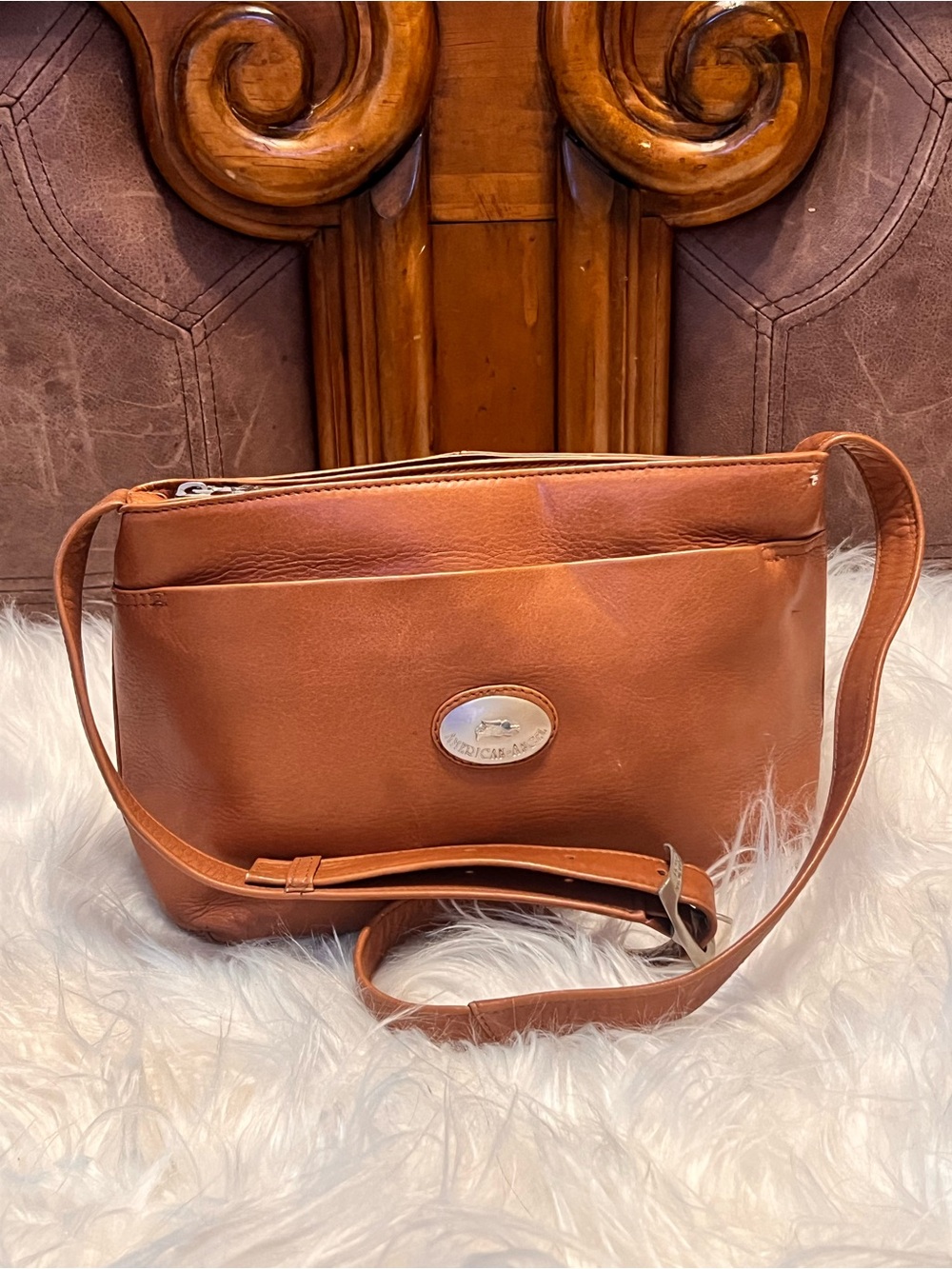American Agel  vintage brown leather bag with silver oval logo crossbody bag
